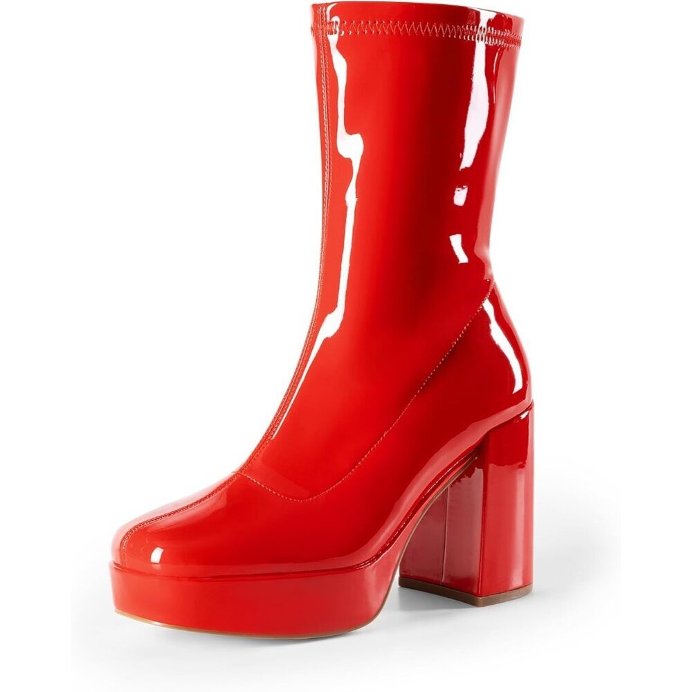 ⚡Dream Pair Women Red-pat Faux Leather Mid Calf Platform Block Heel Ankle Boot